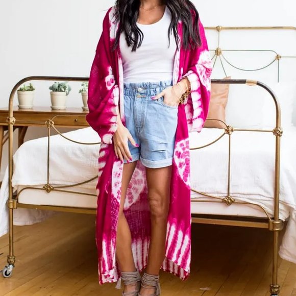 🚨 1 LEFT! JANIS Tie-Dye Longline Kimono w/Full Sleeves Berry - Picture 4 of 9